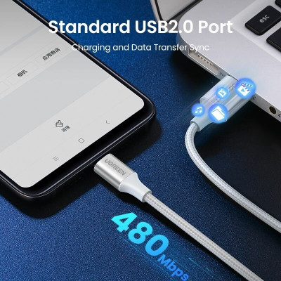 Кабель UGREEN US288 USB-A 2.0 to USB-C Cable Nickel Plating Aluminum Braid 1.5m (White)