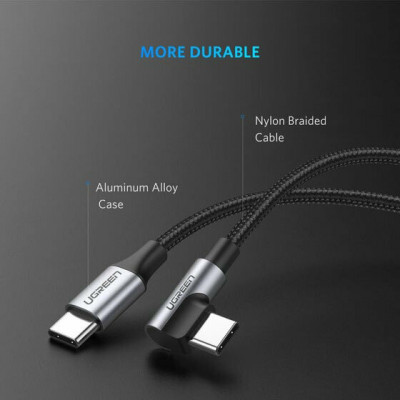 Кабель UGREEN US255 USB-C to Angled USB2.0-C Round Cable M/M Aluminum Shell Nickel Plating 1m (Gray Black)