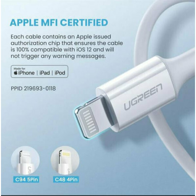 Кабель Ugreen US171 Lightning To Type-C 2.0 Male Cable White 1M, 10493