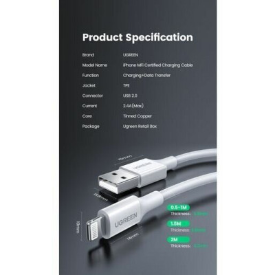 Кабель Ugreen US155 Lightning To USB 2.0 A Male Cable/White 1.5M, 80315