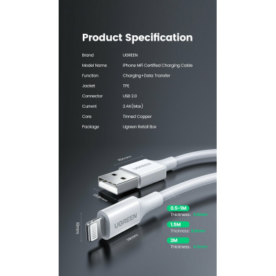 Кабель Ugreen US155 Lightning To USB 2.0 A Male Cable/White 1.5M, 80315