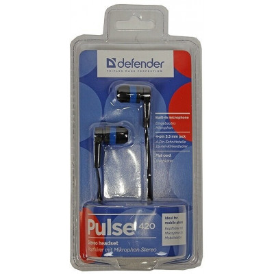 Наушники Defender Pulse-420, mini jack 3.5 mm, черный/синий
