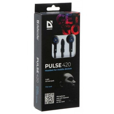 Наушники Defender Pulse-420, mini jack 3.5 mm, черный/синий