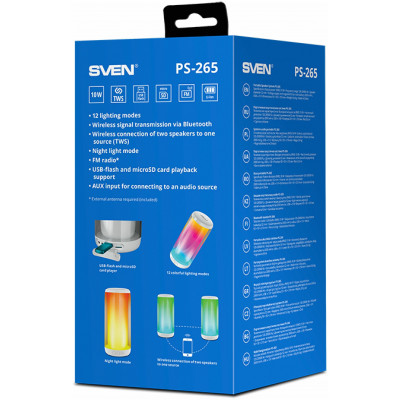 Колонка SVEN PS-265, white (10W, TWS, Bluetooth, FM, USB, microSD, 2000mA*h)