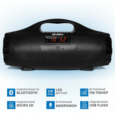 Колонка SVEN PS-460, black (18W, Bluetooth, FM, USB, microSD, LED-display, 1800mA*h)