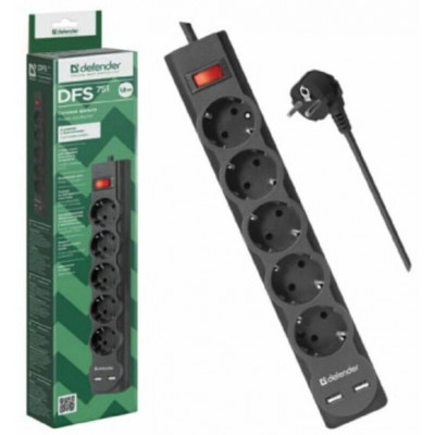 Сетевой фильтр Defender DFS 751 - 1,8 М, 2xUSB, 2.1A, 5 outlets