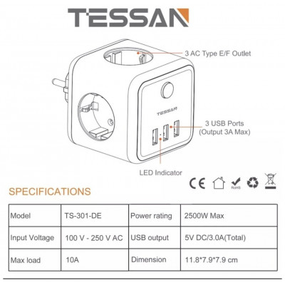 Сетевой фильтр Tessan TS-301-DE серый