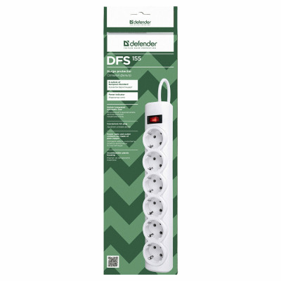 Сетевой фильтр Defender DFS 155 - 5,0 М, 6 розеток, белый