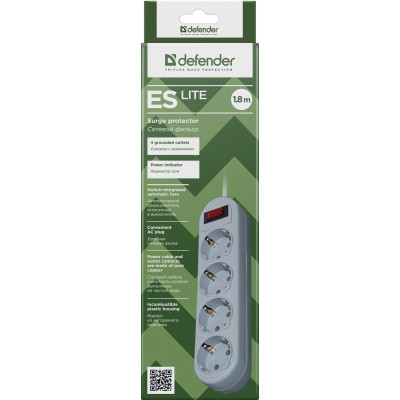Сетевой фильтр Defender ES Lite 1.8 -1,8 М, 4 розетки, серый