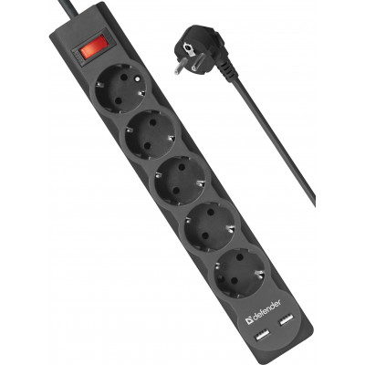 Сетевой фильтр Defender DFS 753 - 3,0 М, 2xUSB, 2.1A, 5 outlets