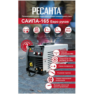 Сварочный полуавтомат САИПА-165 Евро рукав (MIG/MAG) Ресанта