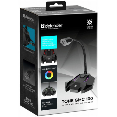 Игровой стрим микрофон Defender Tone GMC 100 USB, LED, черный