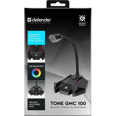 Игровой стрим микрофон Defender Tone GMC 100 USB, LED, черный