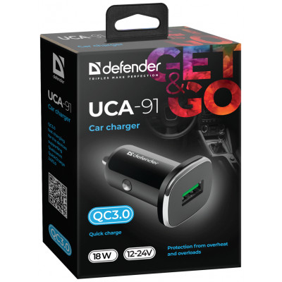 Зарядное устройство автомобильное Defender UCA-91 USB QC3.0 черный