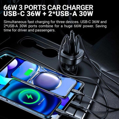 Автомобильное зарядное устройство, ACEFAST B9 66W(2USB-A+USB-C) three port, металлическое, черный