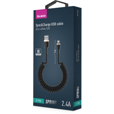 Кабель Olmio SPRING, USB 2.0 - lightning, 1.5м, 2.4A, черный