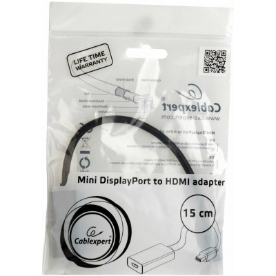 Переходник miniDisplayPort - HDMI, Cablexpert A-mDPM-HDMIF-02, 20M/19F, кабель 15см, черный, пакет