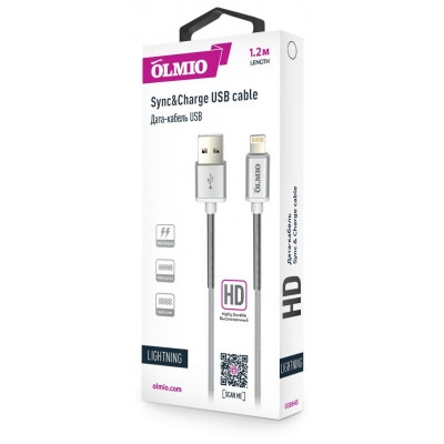 Кабель Olmio HD, USB 2.0 - lightning, 1.2м, 2.1A, белый