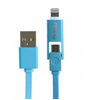 Кабель Olmio USB 2.0 - microUSB/Apple 8pin, 2-в-1, 1м, 2.1A, голубой, плоский