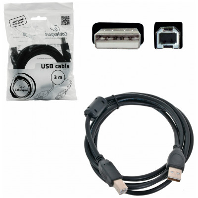 Кабель USB 2.0 Pro Cablexpert CCF-USB2-AMBM-10, AM/BM, 3м, экран, феррит.кольцо, черный, пакет