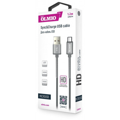 Кабель Olmio HD, USB 2.0 - microUSB, 1.2м, 2.1A, серый