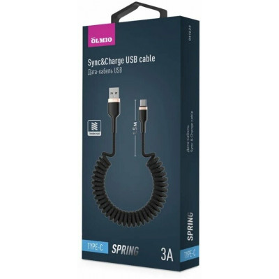 Кабель Olmio SPRING, USB 2.0 - USB Type-C, 1.5м, 3A, черный