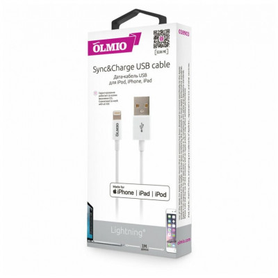 Кабель Olmio USB 2.0 - Lightning, для Apple iPhone/iPod/iPad, 1м, белый