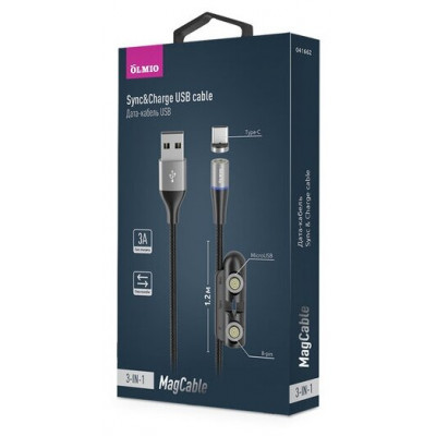 Кабель Olmio MagCable 3in1, USB 2.0 - microUSB/typeC/8-pin, 1,2м, 3A, текстильная оплетка, черный