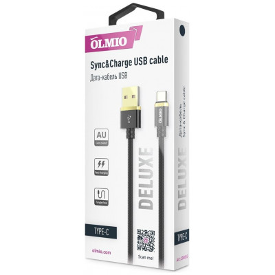 Кабель Olmio Deluxe, USB 2.0 - Type-C, 1м, 2.1A, черный