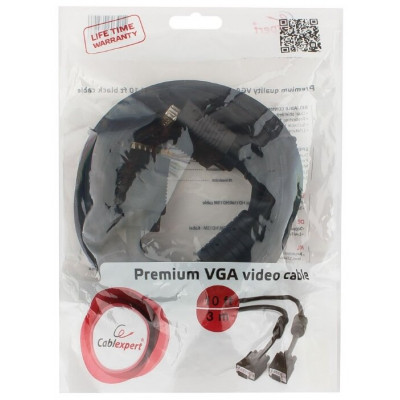 Кабель VGA Premium Cablexpert CC-PPVGA-10-B, 15M/15M, 3.0м, черн, тройной экран, феррит.кольца, паке