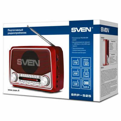 SVEN Радиоприемник SRP-525 красный (3W, FM/AM/SW, USB, microSD, flashlight, battery)