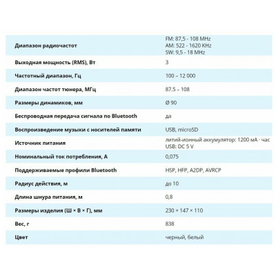 SVEN Радиоприемник SRP-505 белый (3WT, Bluetooth, FM/AM/SW, USB, microSD, AUX)