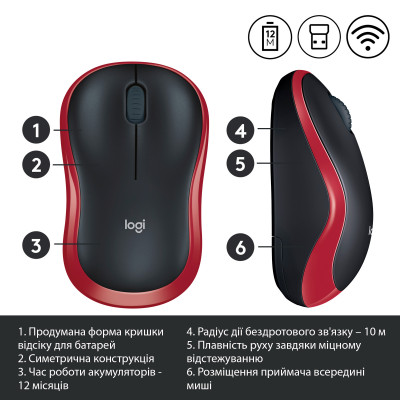 Мышка беспроводная Logitech M185 Red (910-002240)