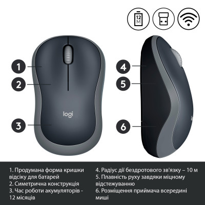 Мышка беспроводная Logitech M185 Swift Grey (910-002238)