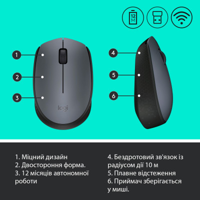 Мышка беспроводная Logitech M170 Grey-K (910-004642)