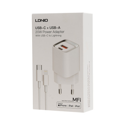 Универсальное зарядное устройство LDNIO A2318M MFI 20W USB-А, USB-C Белый