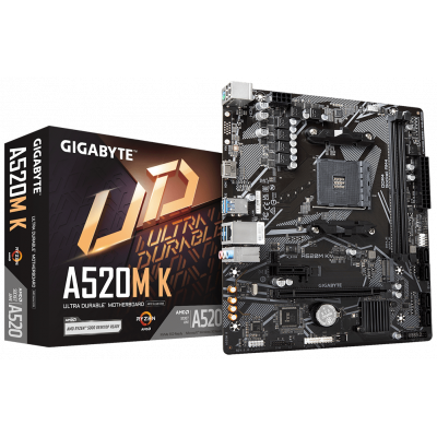 Материнская плата GIGABYTE A520M-K-V2, AM4, A520, PCIe16x, PCIe,D-SUB+HDMI, GLAN, 4SATA, 2DDR4, MATX