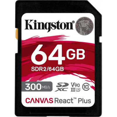 Карта памяти SD, Kingston Canvas React Plus, 64GB, SDR2/64GB, UHS-II, R300/W260