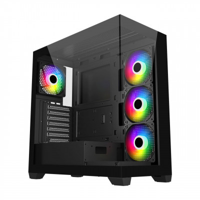 Компьютерный корпус FSP M340, Без БП, 2xUSB3.0, Type-C, 4xFAN120 ARGB, 2xGlass, Black, ATX