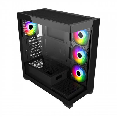 Компьютерный корпус FSP M340, Без БП, 2xUSB3.0, Type-C, 4xFAN120 ARGB, 2xGlass, Black, ATX