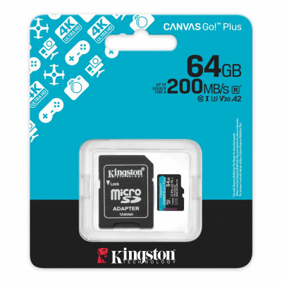Карта памяти MicroSD, Kingston Canvas Go! Plus Gen4, 64GB, SDCG4/64GB, Class 10, UHS-I, R200/W160