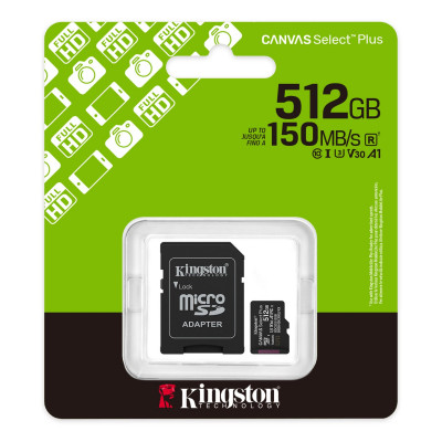 Карта памяти microSDXC 512GB, Kingston SDCS3/512GB, Canvas Select Plus Gen3, A1, 100M/s, +adapter