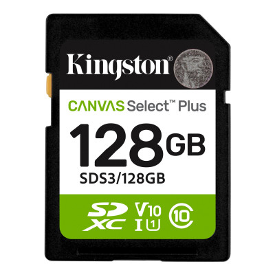 Карта памяти SD, Kingston Canvas Select Plus 128Gb, SDS3/128GB, UHS-I, U1, V10, 150 МБ/с