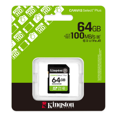 Карта памяти SD, Kingston Canvas Select Plus 64Gb, SDS3/64GB, UHS-I, U1, V10, 100 МБ/с