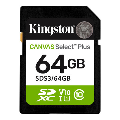 Карта памяти SD, Kingston Canvas Select Plus 64Gb, SDS3/64GB, UHS-I, U1, V10, 100 МБ/с