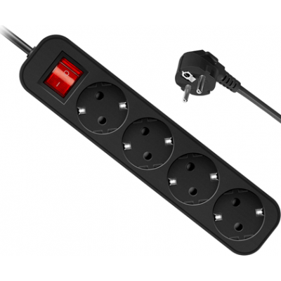 Удлинитель с заземлением Defender G418 Выключатель, 1.8 м, 4 розетки, черный