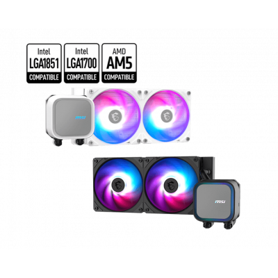 Водяное охлаждение для CPU MSI MAG CORELIQUID A13 240, 1700/1851/AM4/AM5, ARGB, Fan 2x120mm, Черный Водяное охлаждение для CPU MSI MAG CORELIQUID A13 240, 1700/1851/AM4/AM5, ARGB, Fan 2x120mm, Черный