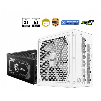Блок питания MSI MAG A1000GL PCIE5 WHITE, 1000W, Active PFC, 80+ GOLD, Full Modular, ATX3.1, Белый