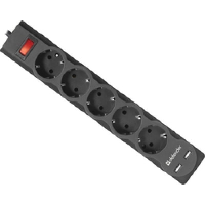 Сетевой фильтр Defender DFS 751 - 1,8 М, 5 розеток, 2xUSB, черный
