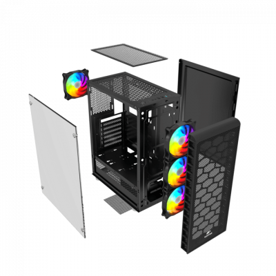Корпус Wintek Energy JX188-11-M TG, ITX/ATX, USB 1*3.0/2*2.0, HD-Audio+Mic, 0,5mm, 4*ARGB fan (контроллер + пульт д/у в комплекте), чёрный